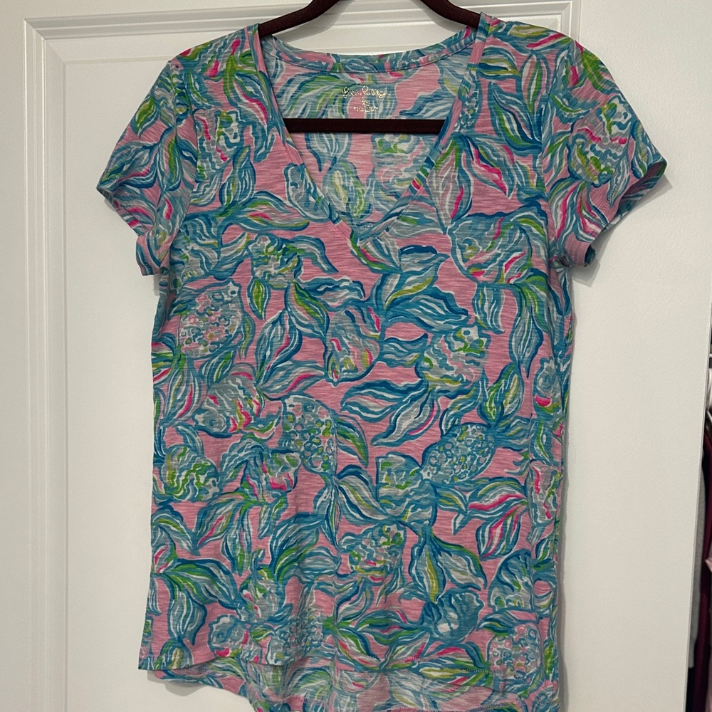 Lilly Pulitzer Pink, Blue & Green Floral V-Neck Short Sleeve Top